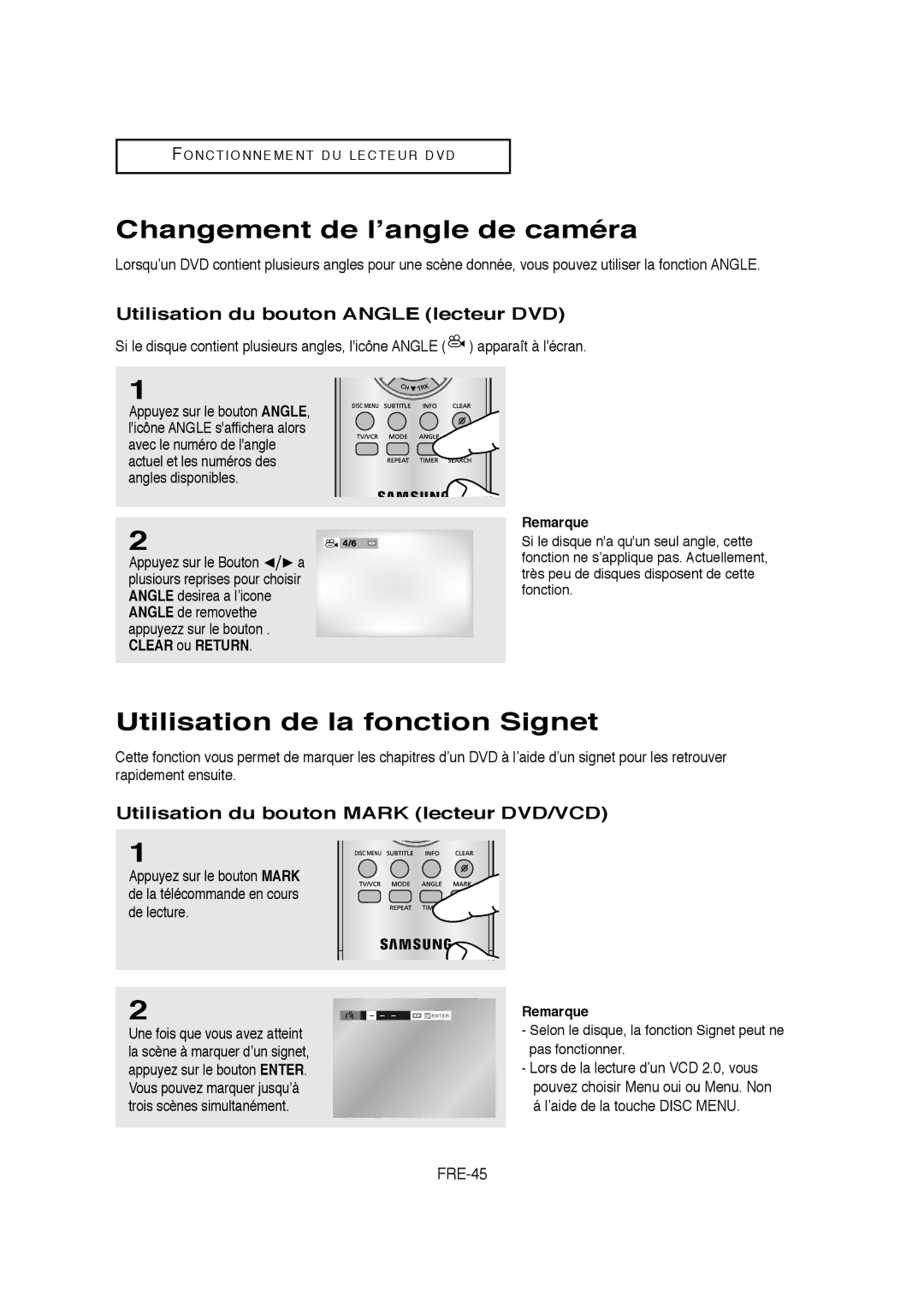 Samsung AK68-01304A, V6700-XAC instruction manual Changement de l’angle de caméra, Utilisation de la fonction Signet, FRE-45 