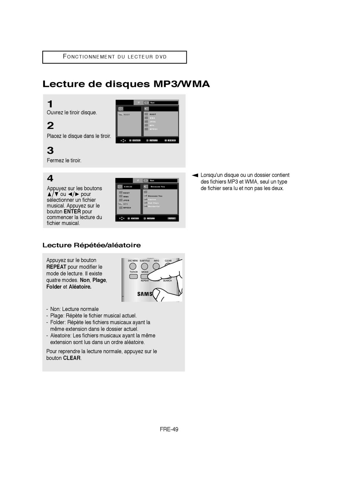 Samsung AK68-01304A, V6700-XAC Lecture de disques MP3/WMA, Lecture Répétée/aléatoire, FRE-49, Ouvrez le tiroir disque 