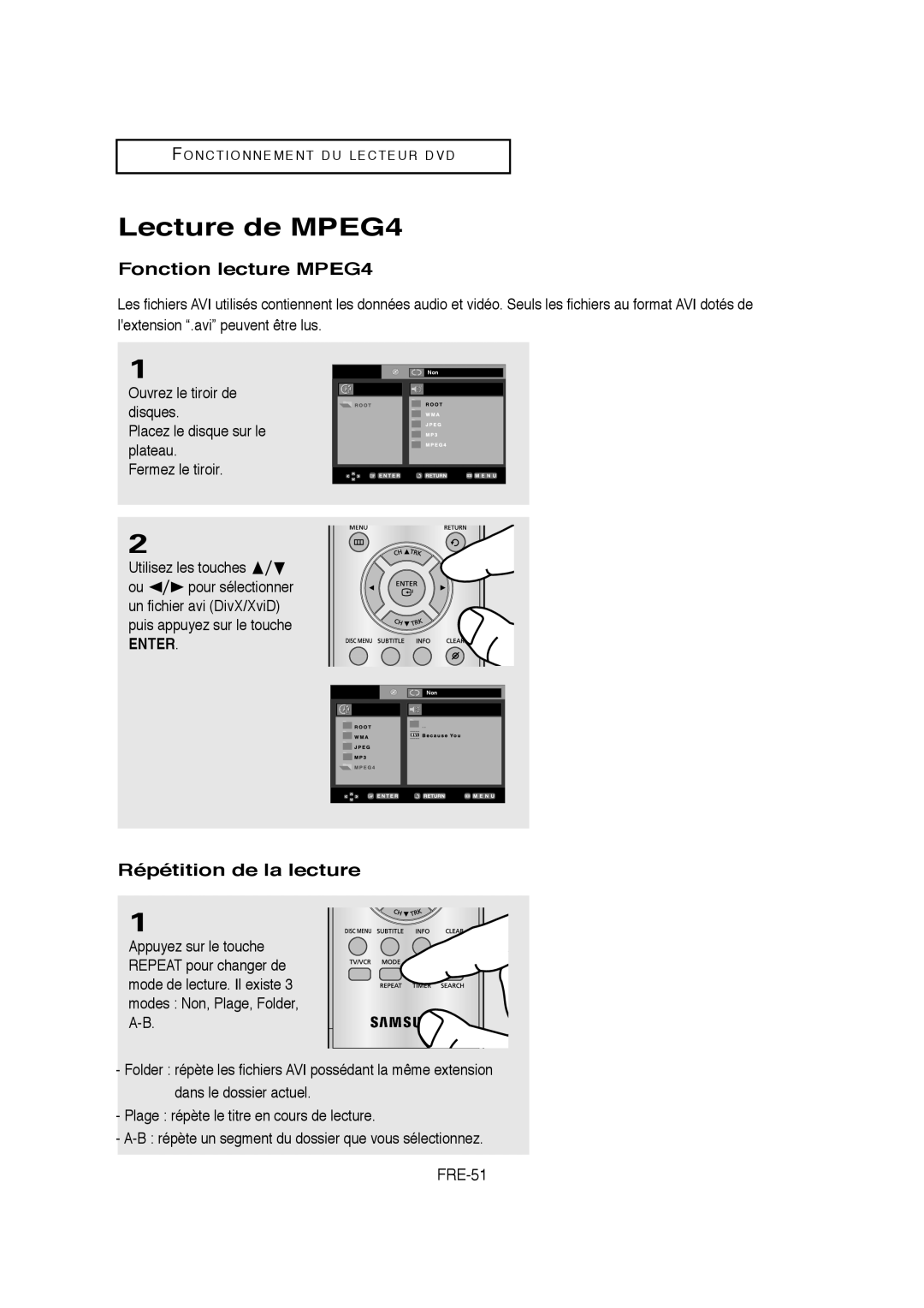 Samsung 20070205090323359, V6700-XAC, 01304A Lecture de MPEG4, Fonction lecture MPEG4, Répétition de la lecture, FRE-51 