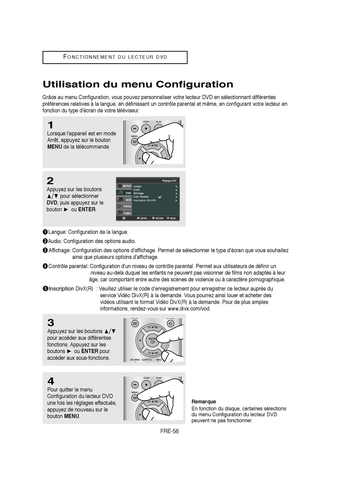 Samsung V6700-XAC, AK68-01304A, 20070205090323359 instruction manual Utilisation du menu Configuration, FRE-56 