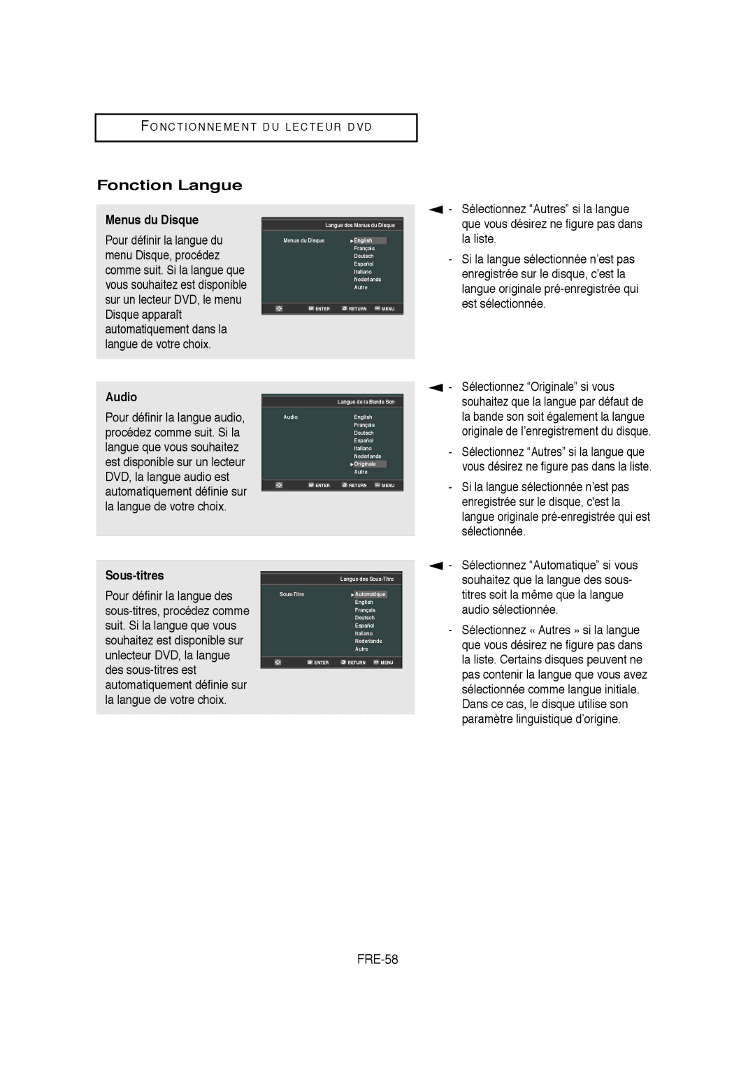 Samsung V6700-XAC, AK68-01304A, 20070205090323359 instruction manual Fonction Langue, FRE-58, Menus du Disque, Sous-titres 