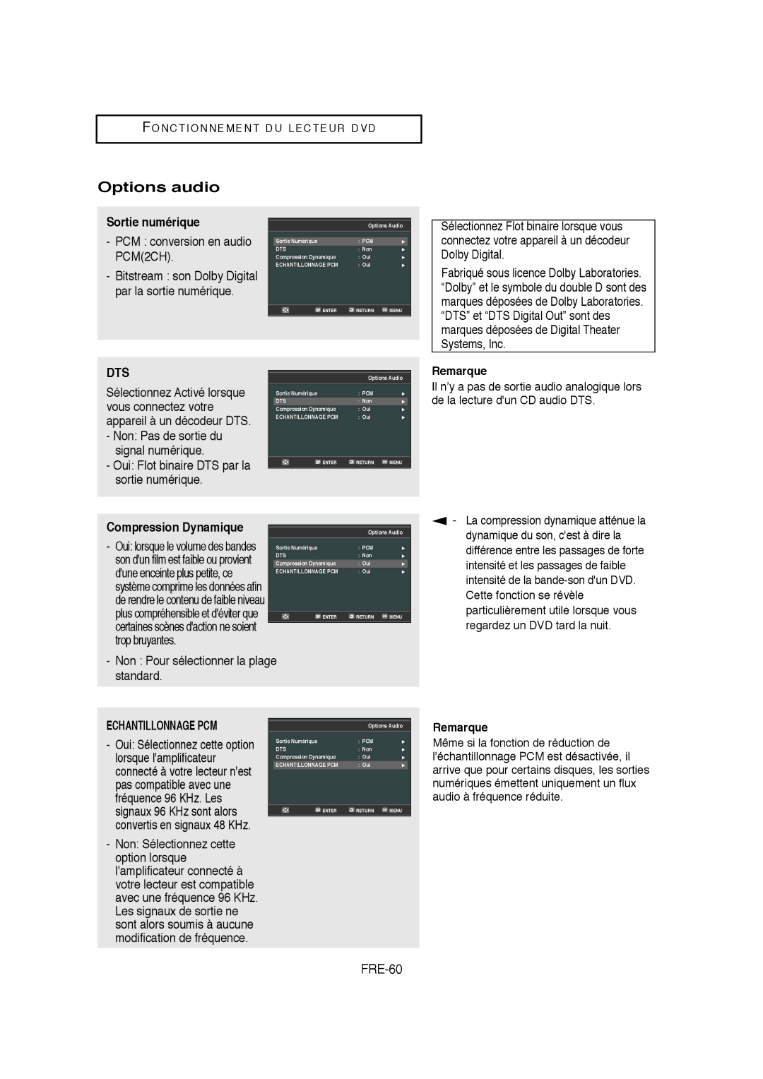 Samsung V6700-XAC, AK68-01304A, 20070205090323359 Options audio, FRE-60, Sortie numérique, Compression Dynamique 