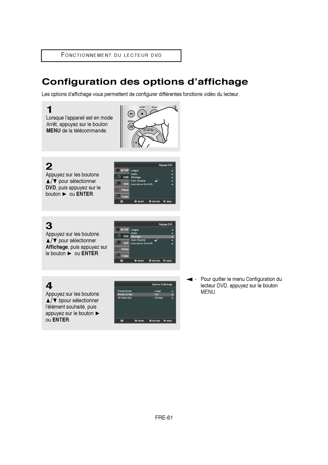 Samsung AK68-01304A, V6700-XAC, 20070205090323359 Configuration des options d’affichage, FRE-61, Le bouton ou Enter 