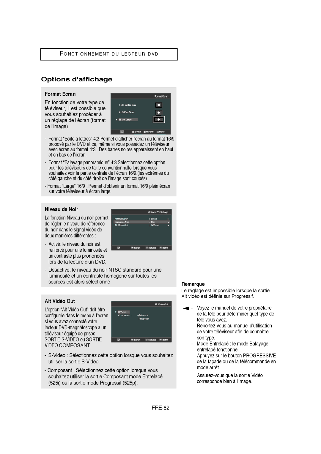 Samsung V6700-XAC, AK68-01304A instruction manual Options daffichage, FRE-62, Format Ecran, Niveau de Noir, Alt Vidéo Out 