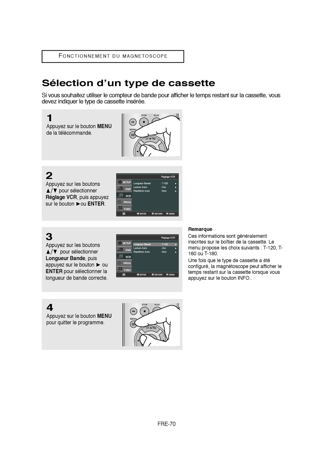 Samsung V6700-XAC, AK68-01304A, 20070205090323359 Sélection d’un type de cassette, FRE-70, Sur le bouton ou Enter 