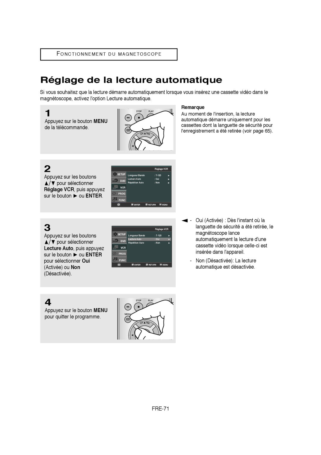 Samsung 20070205090323359, V6700-XAC, AK68-01304A instruction manual Réglage de la lecture automatique, FRE-71 