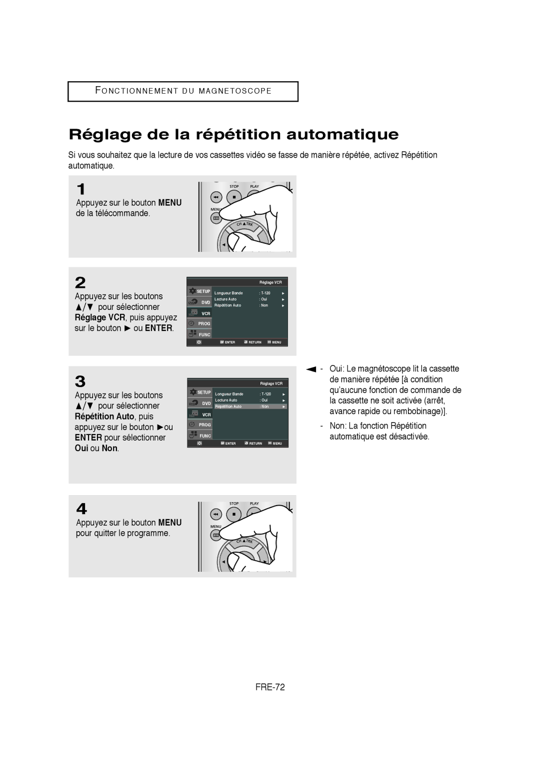 Samsung V6700-XAC, AK68-01304A, 20070205090323359 instruction manual Réglage de la répétition automatique, FRE-72 