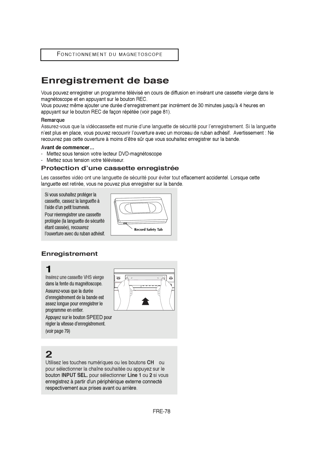 Samsung 01304A, V6700-XAC Enregistrement de base, Protection d’une cassette enregistrée, FRE-78, Avant de commencer… 