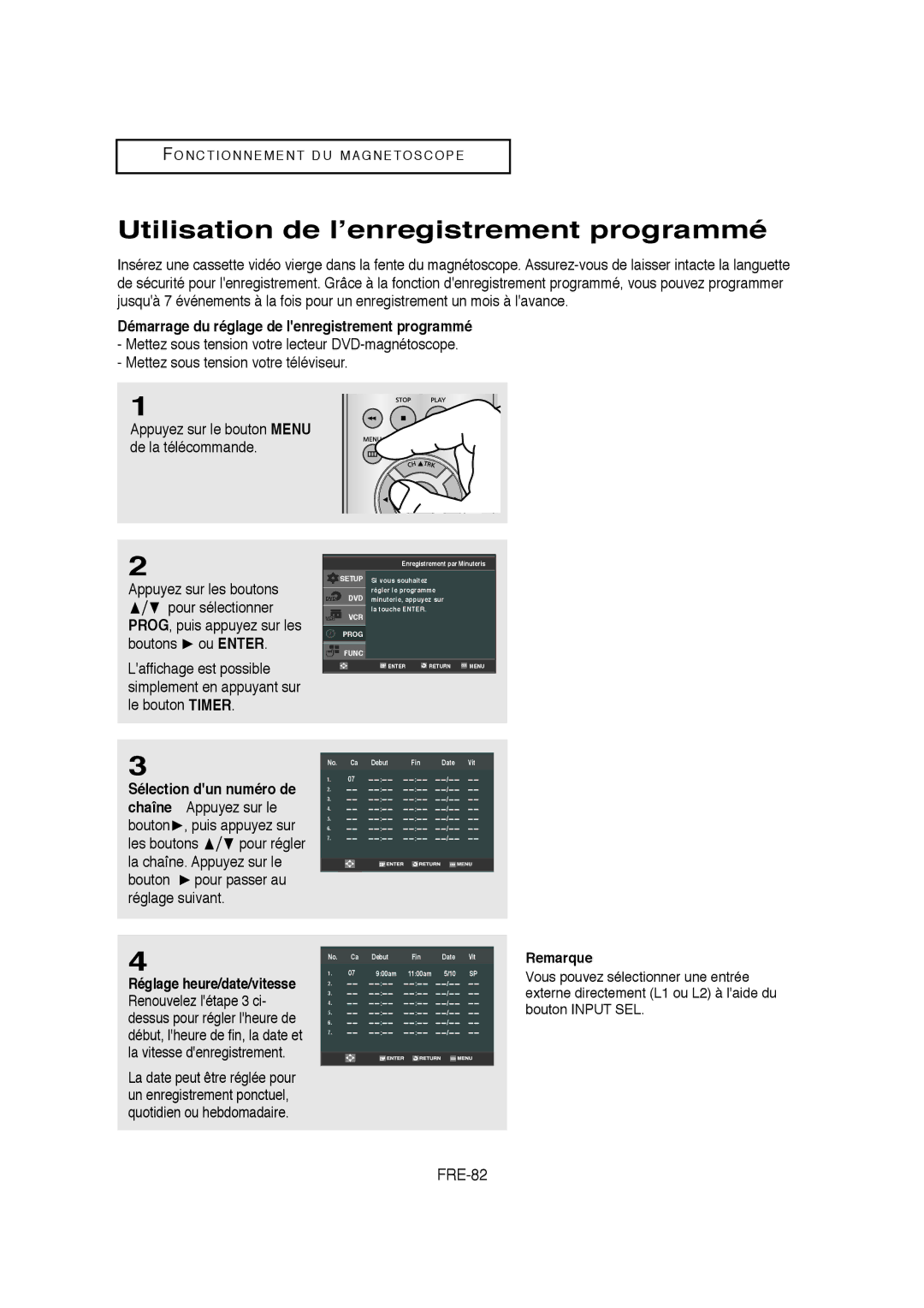 Samsung 01304A Utilisation de l’enregistrement programmé, FRE-82, Démarrage du réglage de lenregistrement programmé 