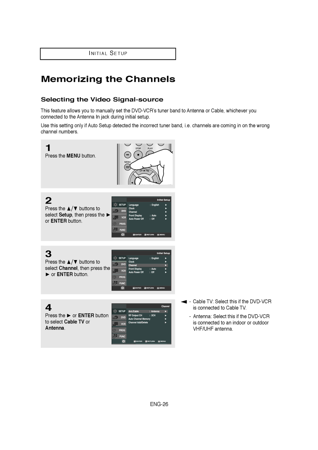 Samsung V6700-XAC, AK68-01304A, 20070205090323359 Memorizing the Channels, Selecting the Video Signal-source, ENG-26 