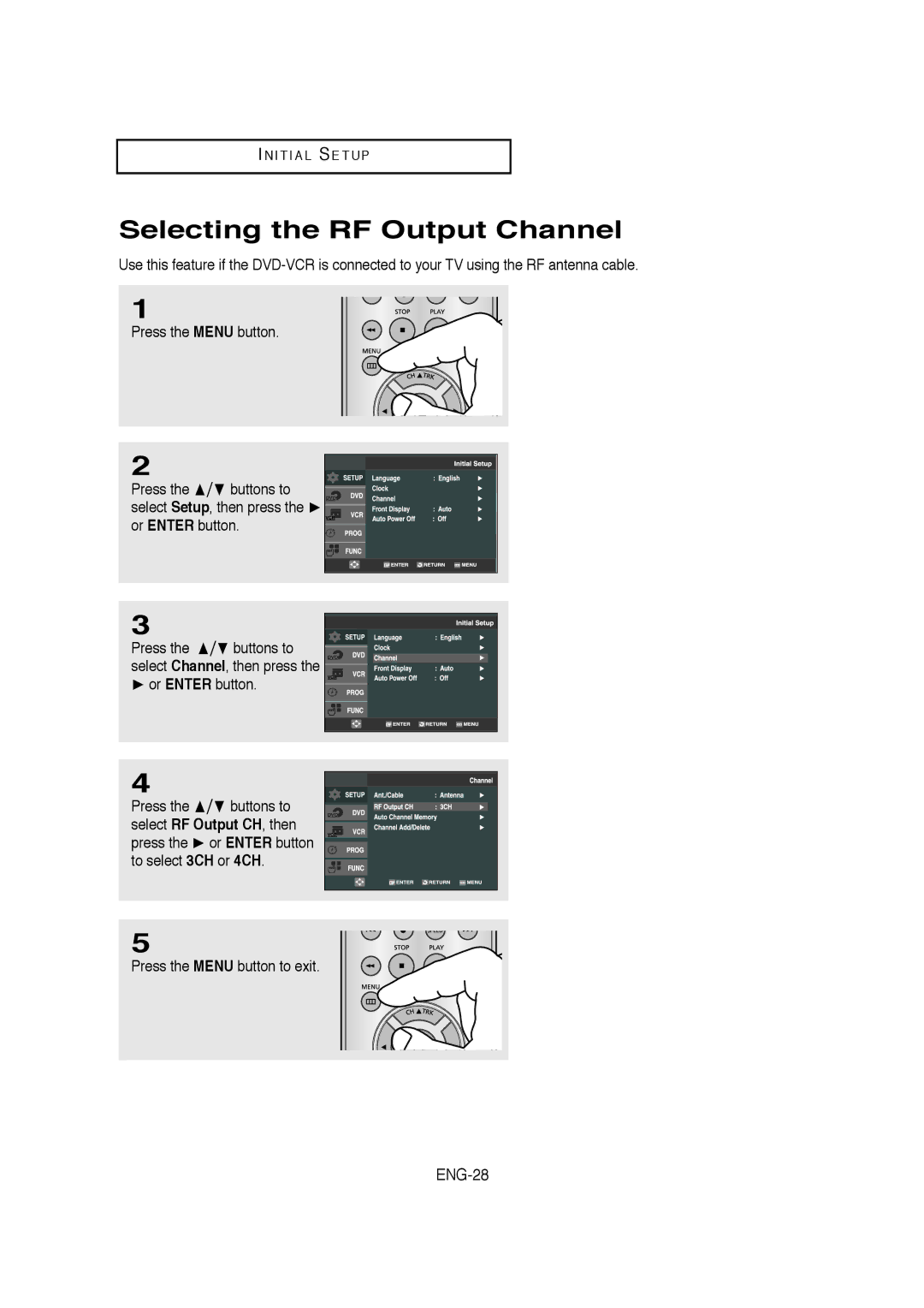 Samsung V6700-XAC, AK68-01304A Selecting the RF Output Channel, ENG-28, To select 3CH or 4CH Press the Menu button to exit 