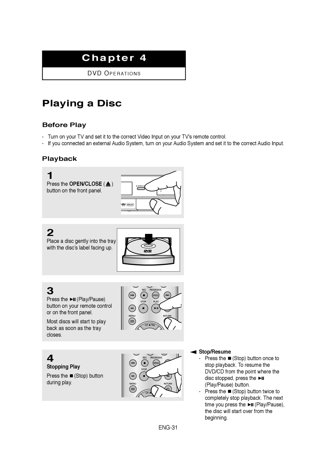 Samsung 20070205090323359, V6700-XAC, AK68-01304A instruction manual Playing a Disc, Before Play, Playback, ENG-31 