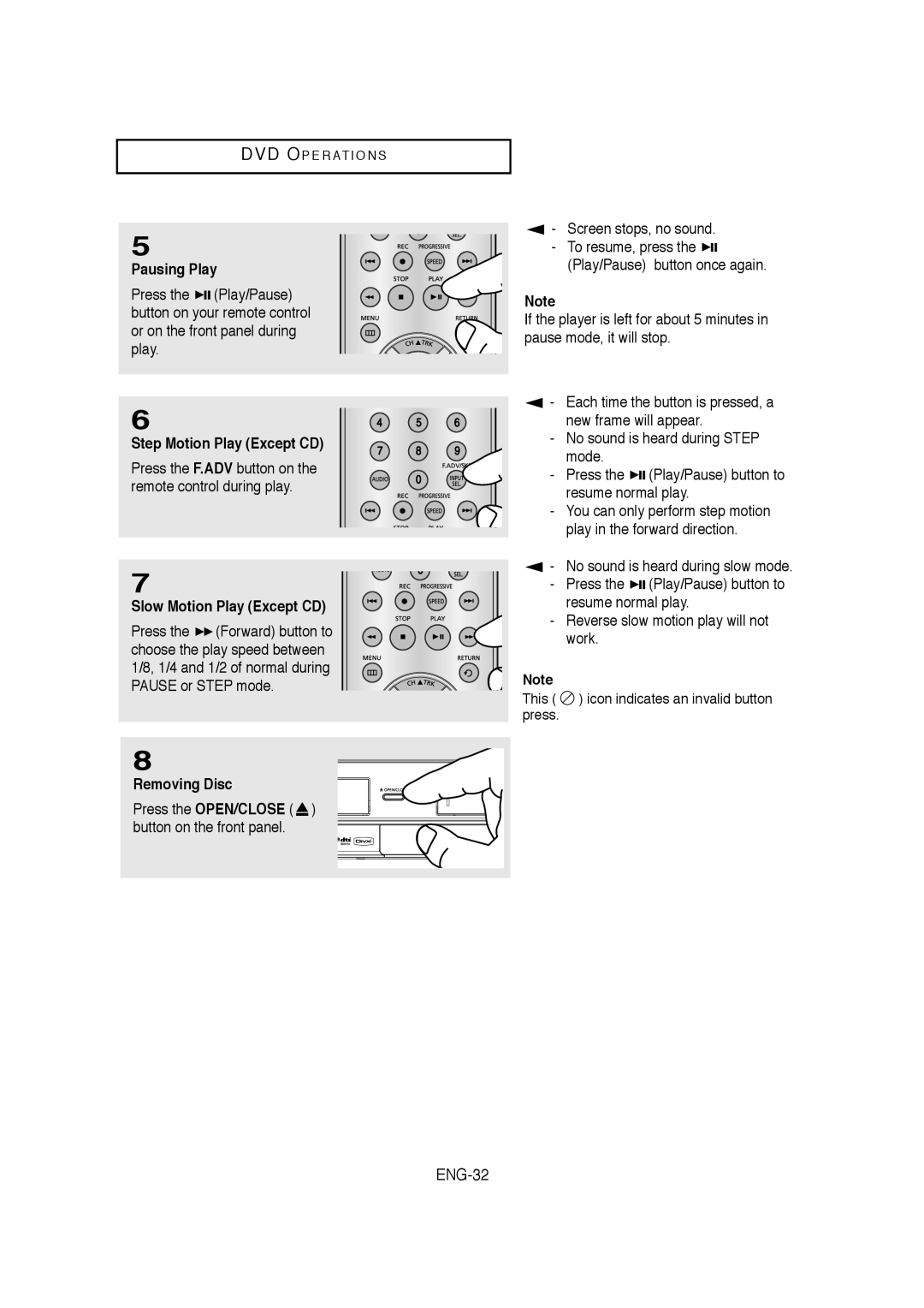 Samsung V6700-XAC, AK68-01304A ENG-32, Pausing Play, Step Motion Play Except CD, Slow Motion Play Except CD, Removing Disc 