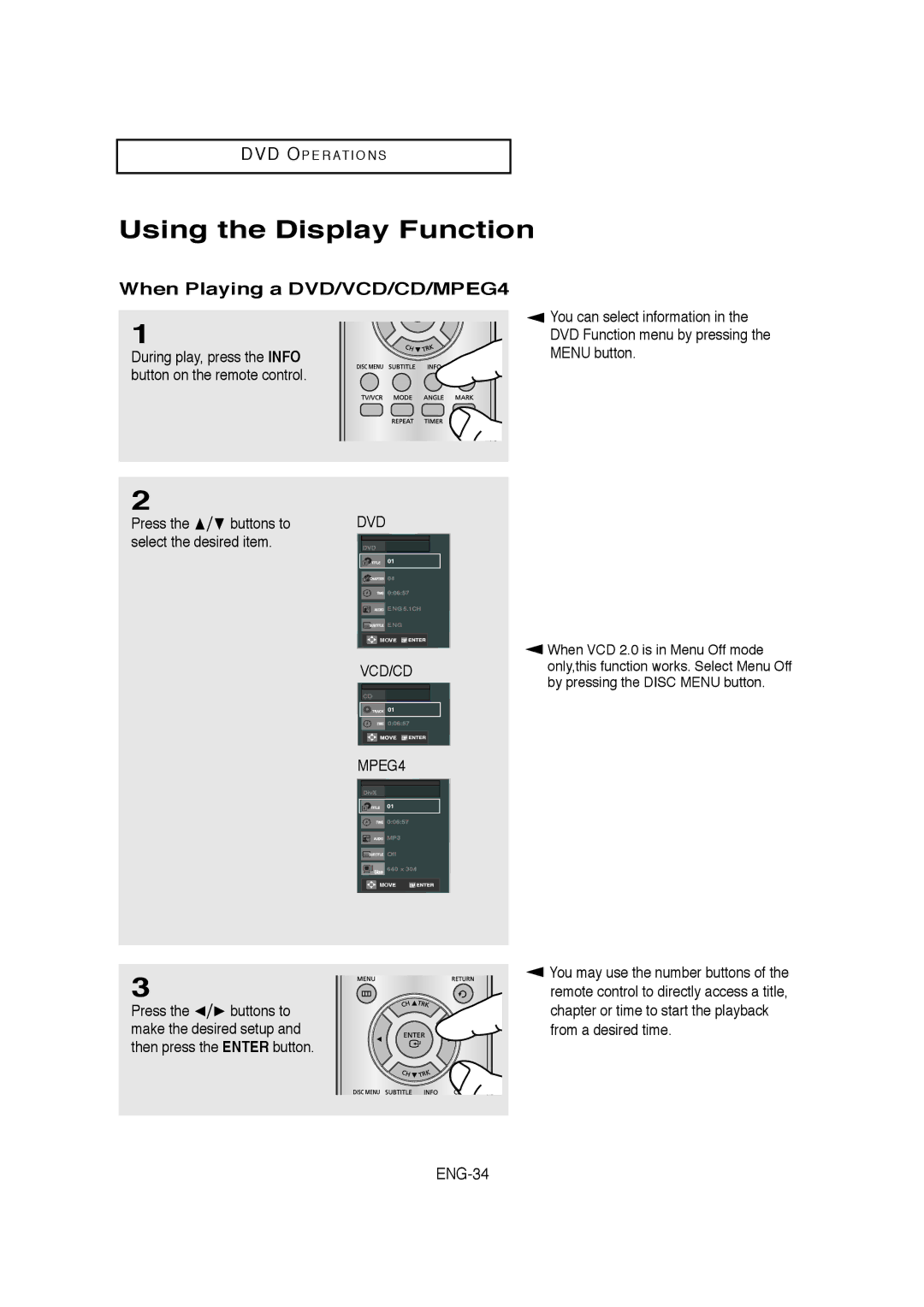 Samsung V6700-XAC, AK68-01304A, 20070205090323359 Using the Display Function, When Playing a DVD/VCD/CD/MPEG4, ENG-34 