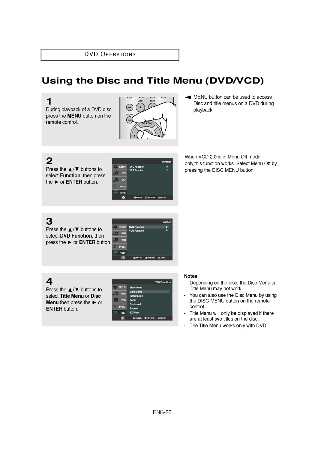 Samsung V6700-XAC, AK68-01304A Using the Disc and Title Menu DVD/VCD, ENG-36, Press  buttons to Select DVD Function, then 