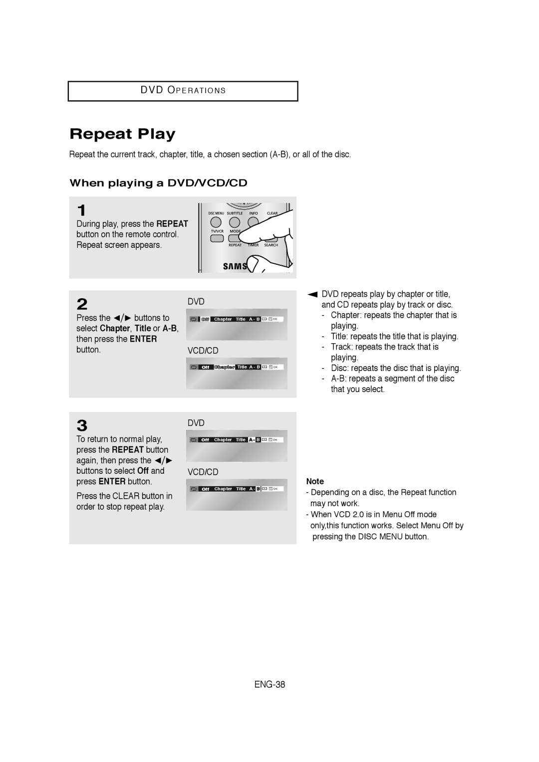 Samsung V6700-XAC, AK68-01304A, 20070205090323359 instruction manual Repeat Play, When playing a DVD/VCD/CD, ENG-38 