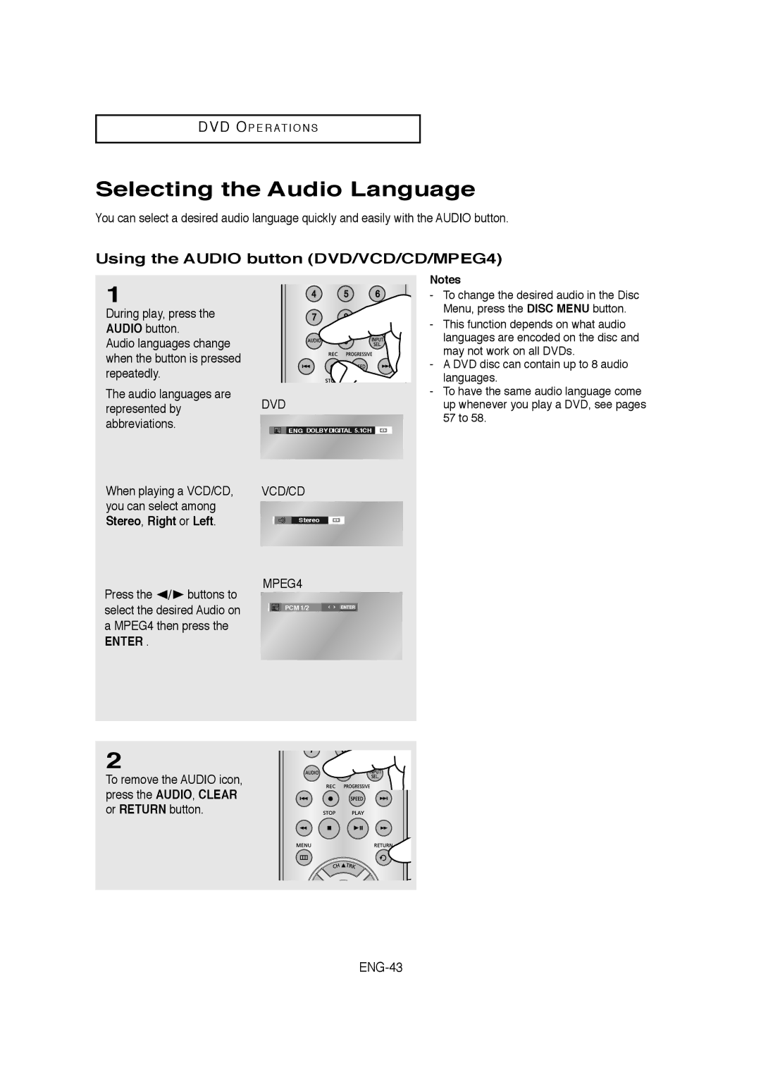 Samsung 20070205090323359, V6700-XAC, 01304A Selecting the Audio Language, Using the Audio button DVD/VCD/CD/MPEG4, ENG-43 