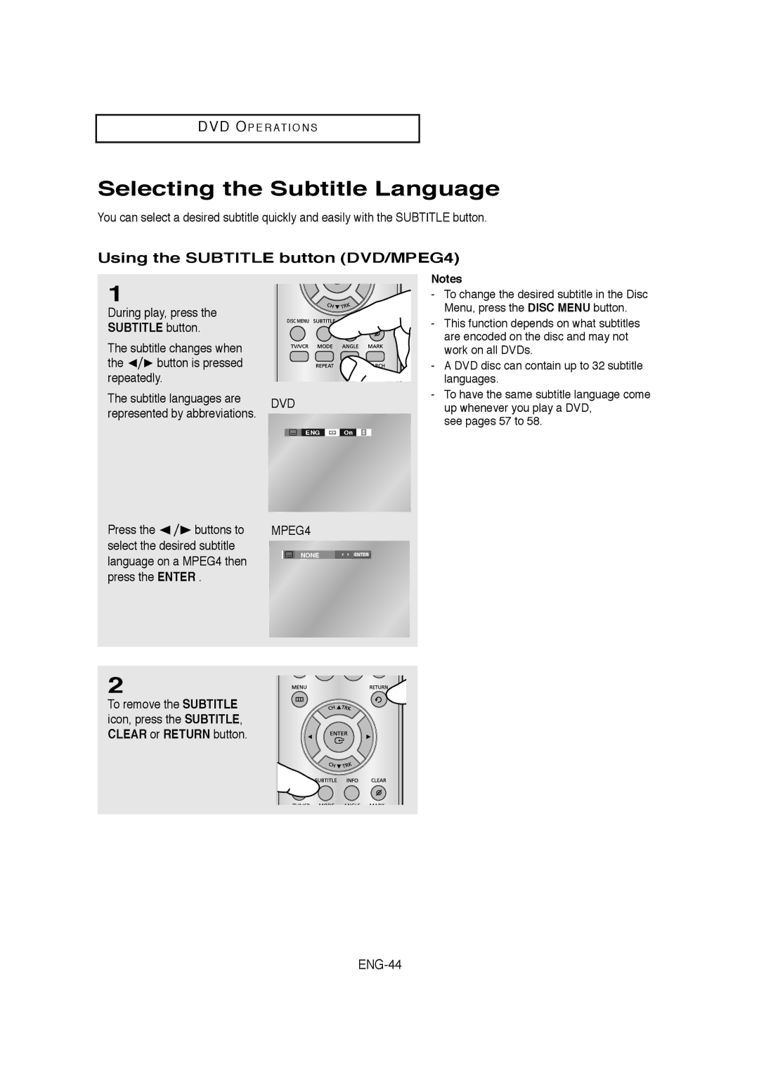 Samsung V6700-XAC, AK68-01304A Selecting the Subtitle Language, Using the Subtitle button DVD/MPEG4, ENG-44 