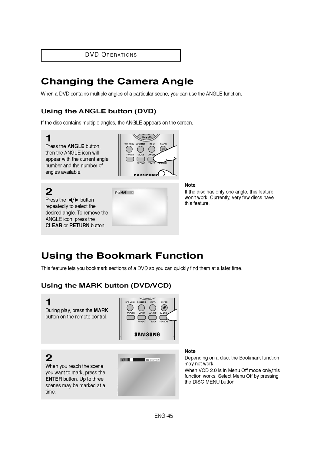 Samsung AK68-01304A, V6700-XAC Changing the Camera Angle, Using the Bookmark Function, Using the Angle button DVD, ENG-45 