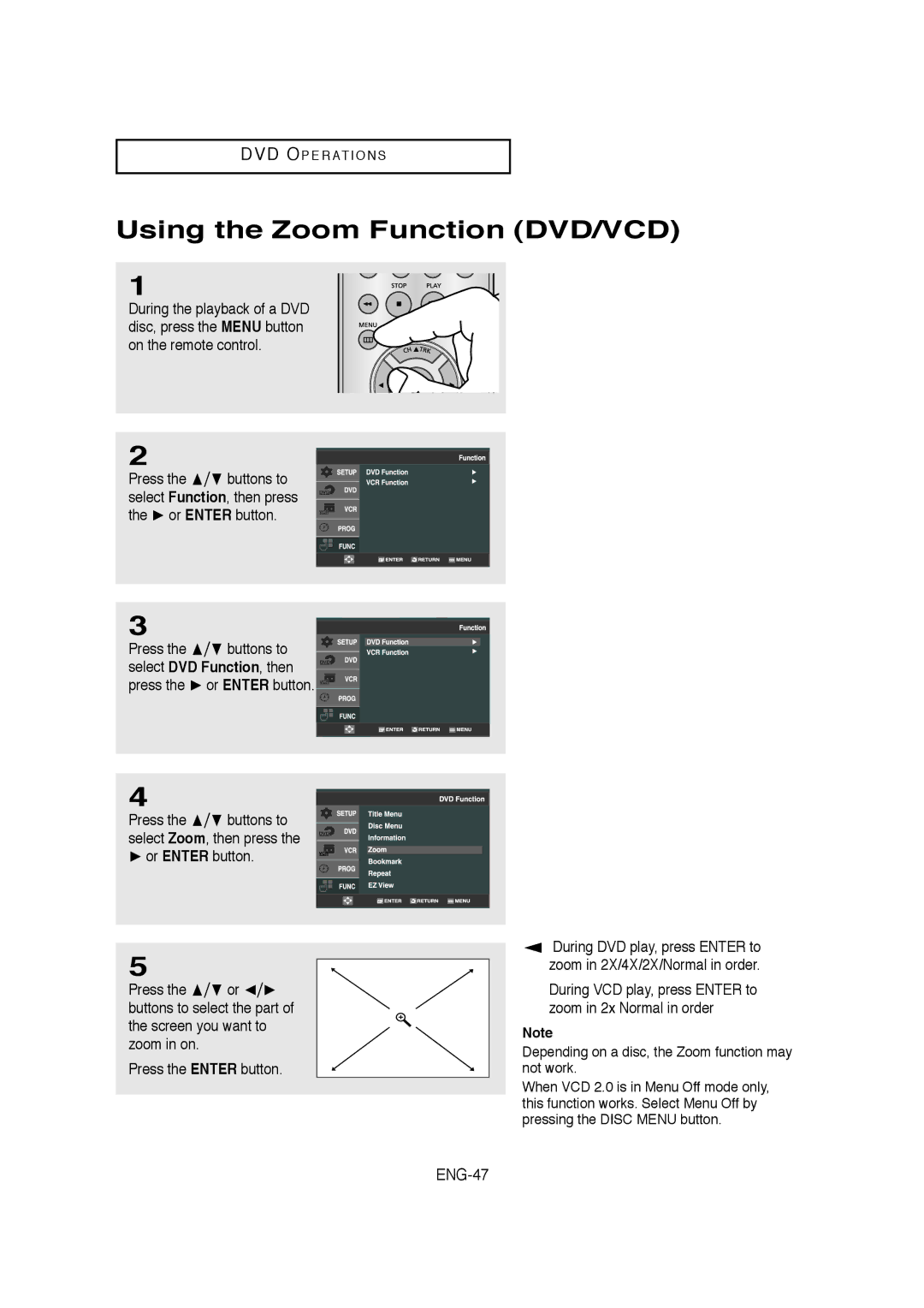 Samsung 20070205090323359, V6700-XAC, AK68-01304A instruction manual Using the Zoom Function DVD/VCD, ENG-47 