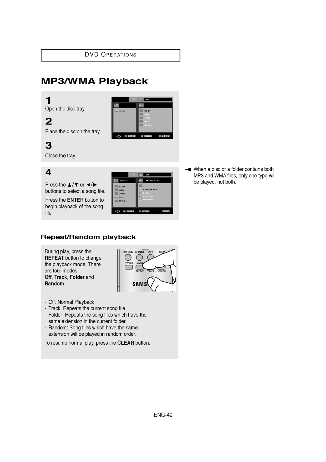 Samsung AK68-01304A, V6700-XAC MP3/WMA Playback, Repeat/Random playback, ENG-49, Off, Track, Folder Random 