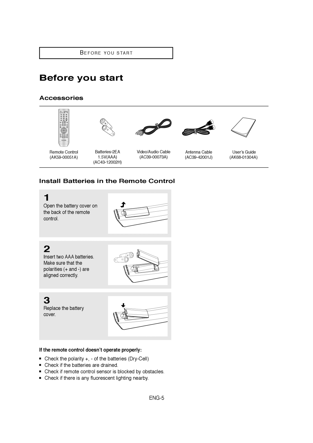 Samsung AK68-01304A, V6700-XAC, 20070205090323359 Before you start, Accessories, Install Batteries in the Remote Control 