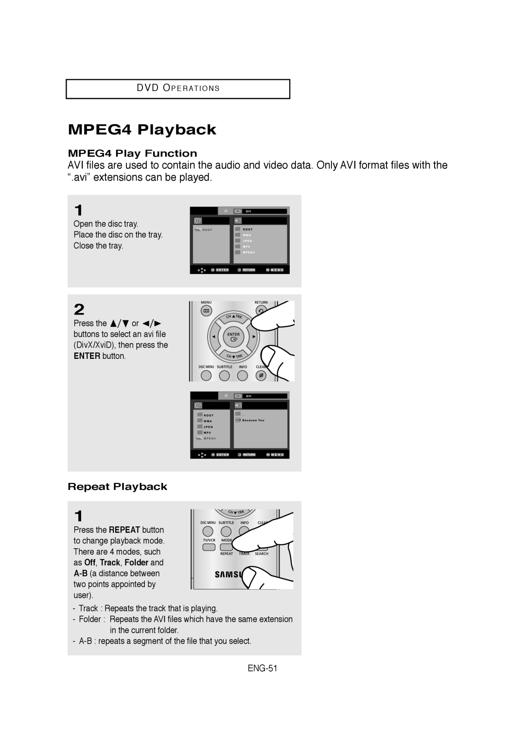 Samsung 20070205090323359, V6700-XAC, AK68-01304A MPEG4 Playback, MPEG4 Play Function, Repeat Playback, ENG-51 