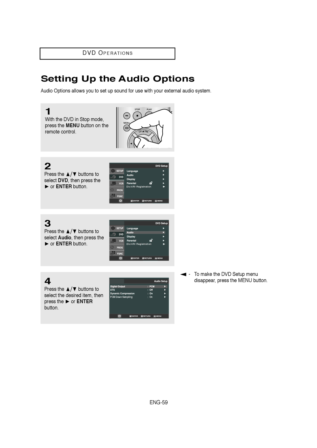 Samsung 20070205090323359, V6700-XAC, AK68-01304A instruction manual Setting Up the Audio Options, ENG-59, Or Enter 