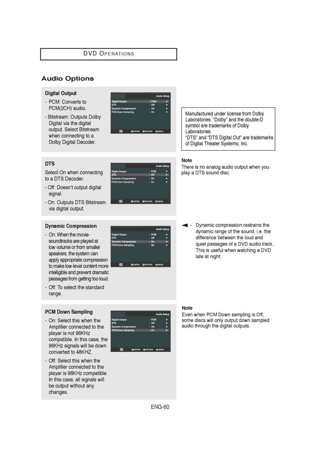 Samsung V6700-XAC, AK68-01304A Audio Options, ENG-60, Digital Output, Dynamic Compression, PCM Down Sampling 