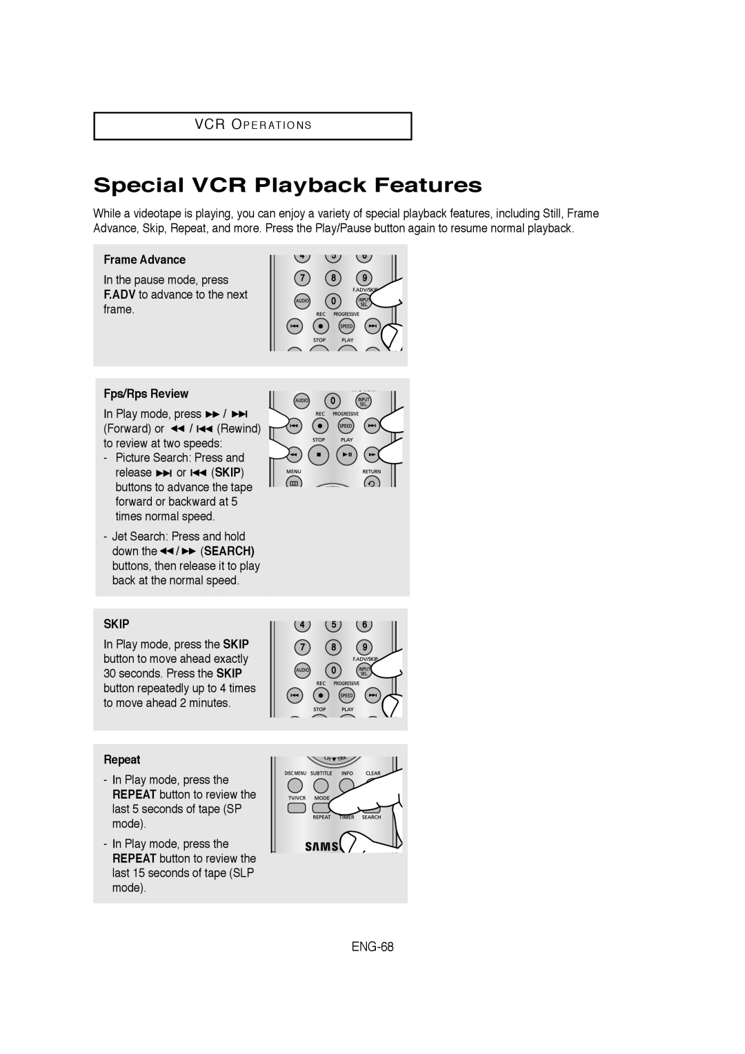 Samsung V6700-XAC, AK68-01304A Special VCR Playback Features, ENG-68, Frame Advance, Fps/Rps Review, Repeat 