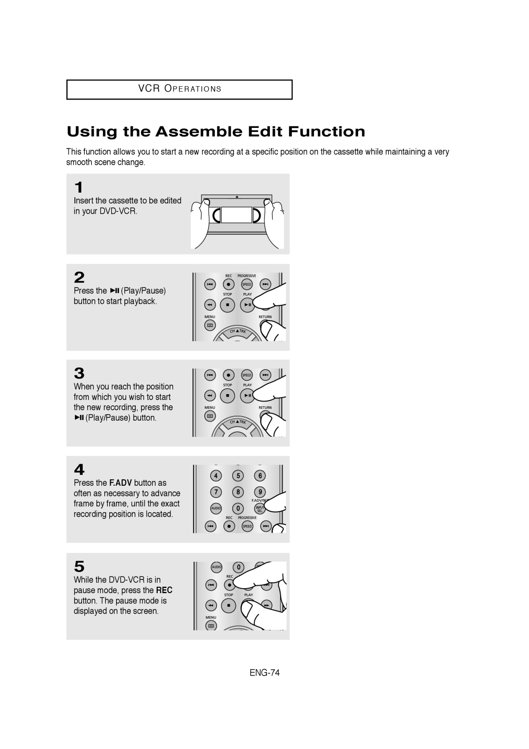 Samsung V6700-XAC, AK68-01304A, 20070205090323359 instruction manual Using the Assemble Edit Function, ENG-74 