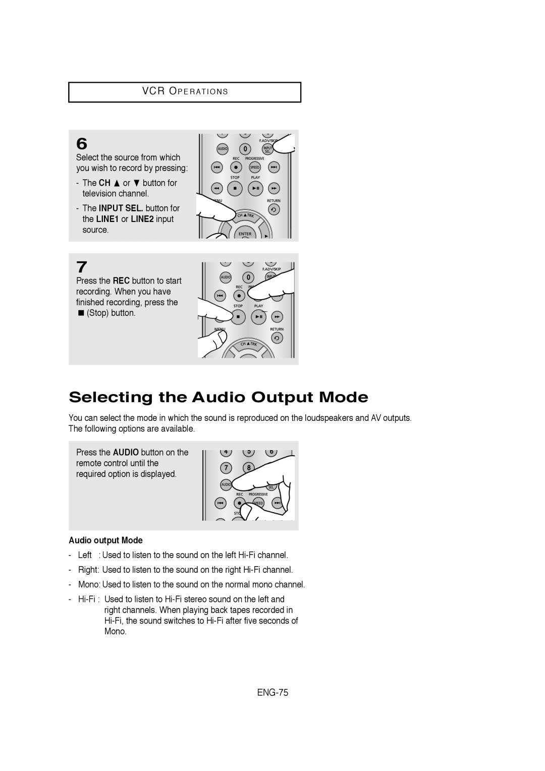 Samsung 20070205090323359, 01304A Selecting the Audio Output Mode, ENG-75, LINE1 or LINE2 input source, Audio output Mode 