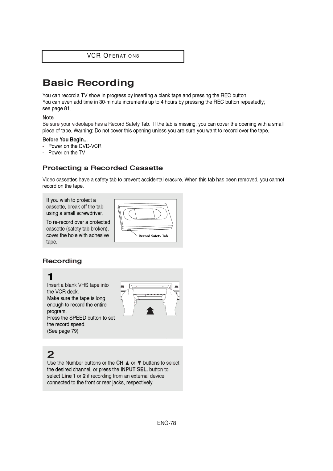 Samsung V6700-XAC, AK68-01304A Basic Recording, Protecting a Recorded Cassette, ENG-78, Before You Begin 