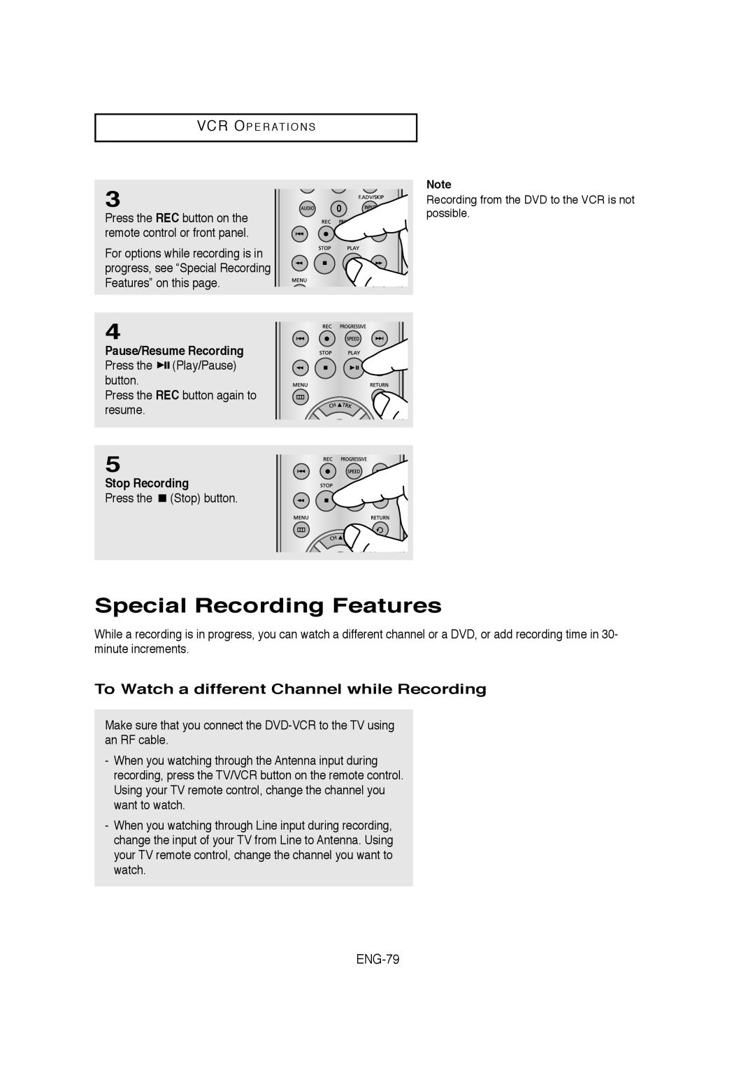 Samsung 20070205090323359 Special Recording Features, To Watch a different Channel while Recording, ENG-79, Stop Recording 