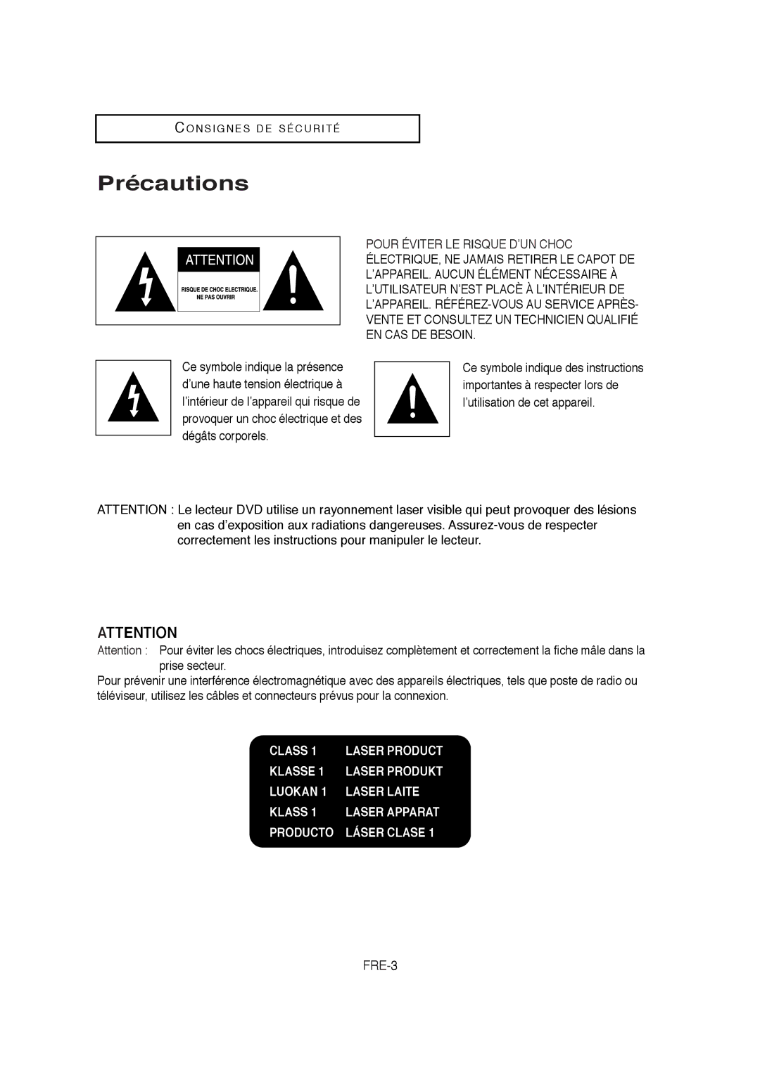 Samsung 20070205090323359, V6700-XAC, AK68-01304A instruction manual Précautions, FRE-3 