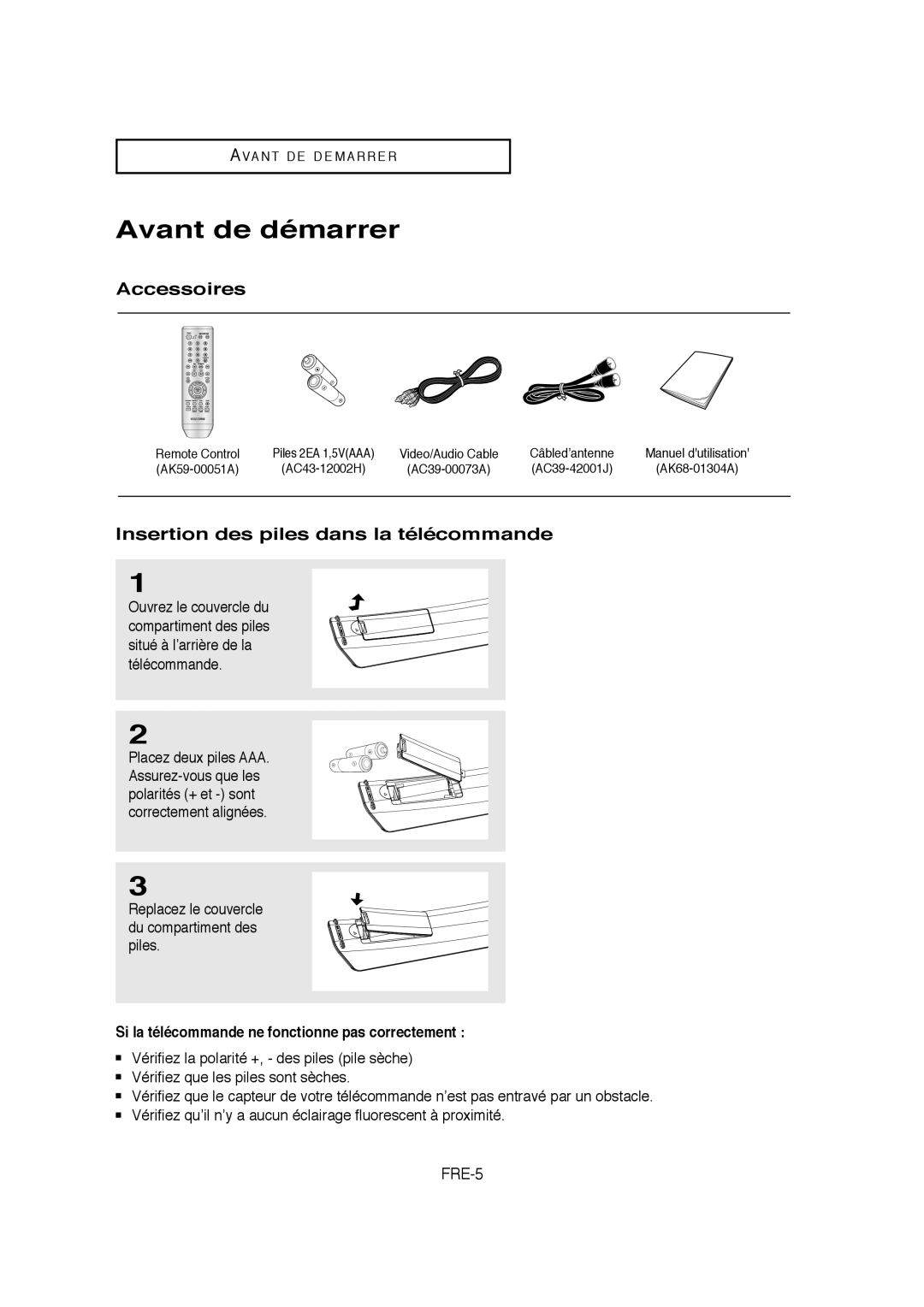 Samsung AK68-01304A, V6700-XAC, 20070205090323359 Avant de démarrer, Accessoires, Insertion des piles dans la télécommande 