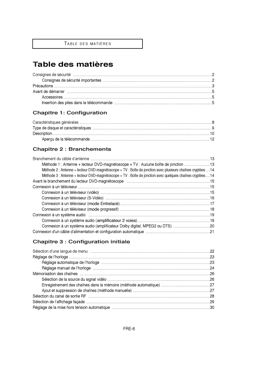 Samsung 01304A Table des matières, Chapitre 1 Configuration, Chapitre 2 Branchements, Chapitre 3 Configuration initiale 