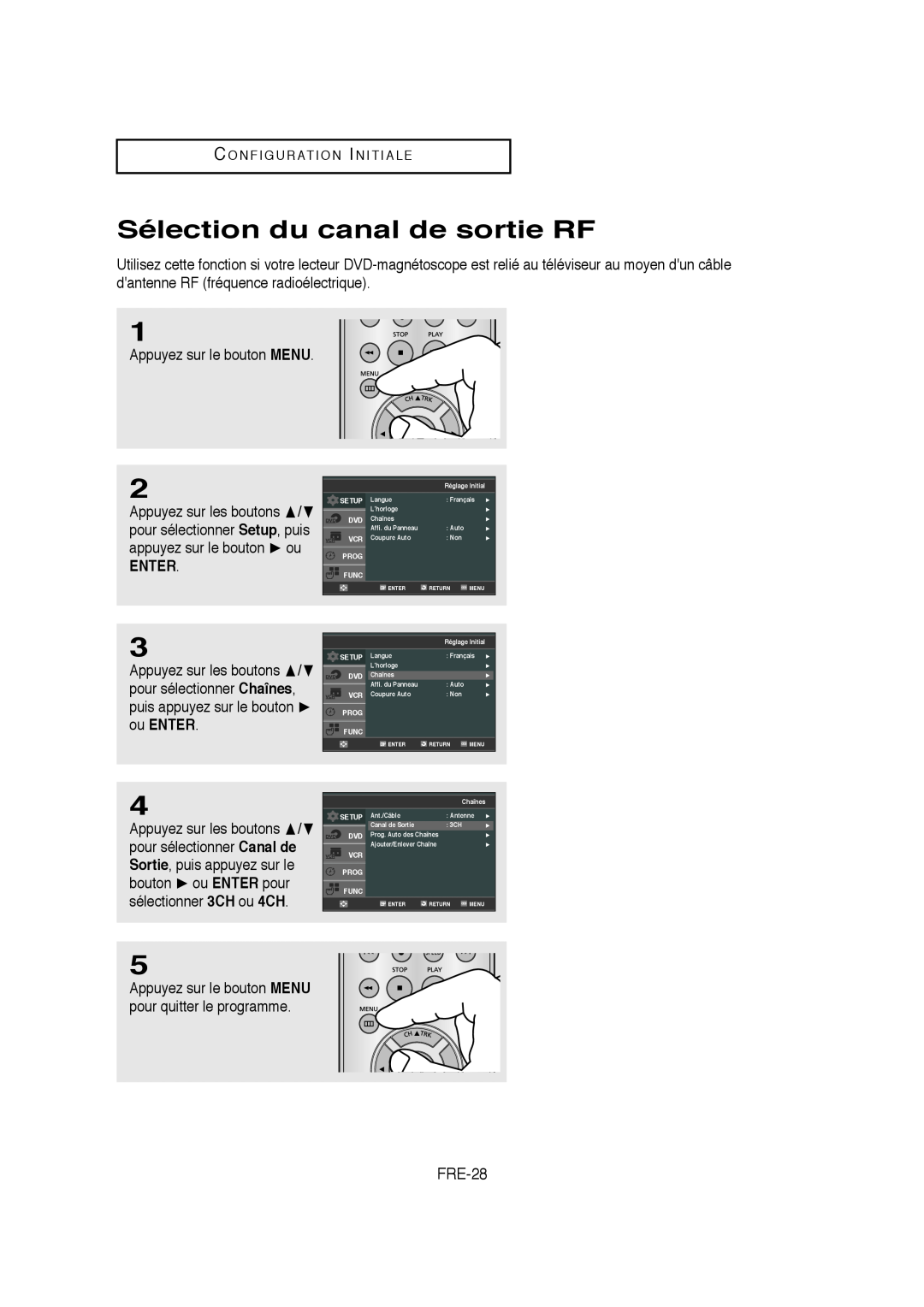 Samsung V6700-XAC, AK68-01304A, 20070205090323359 instruction manual Sélection du canal de sortie RF, FRE-28, Enter 