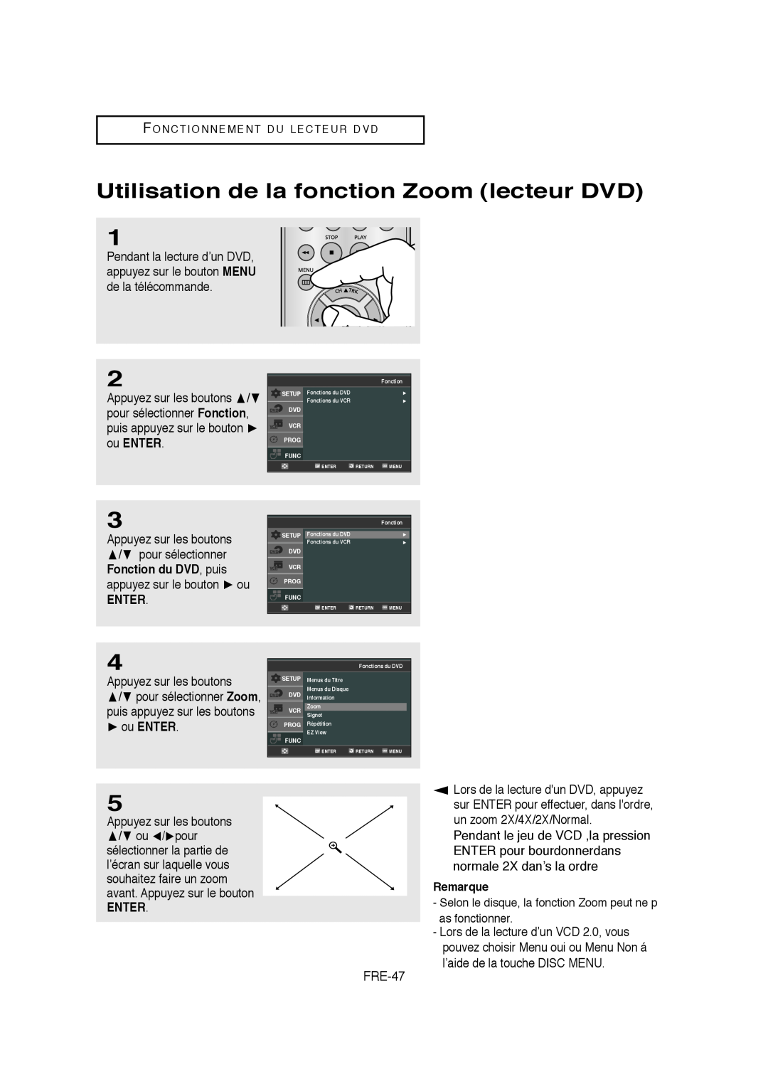 Samsung 20070205090323359, V6700-XAC, AK68-01304A Utilisation de la fonction Zoom lecteur DVD, Enter, ou ENTER, Remarque 