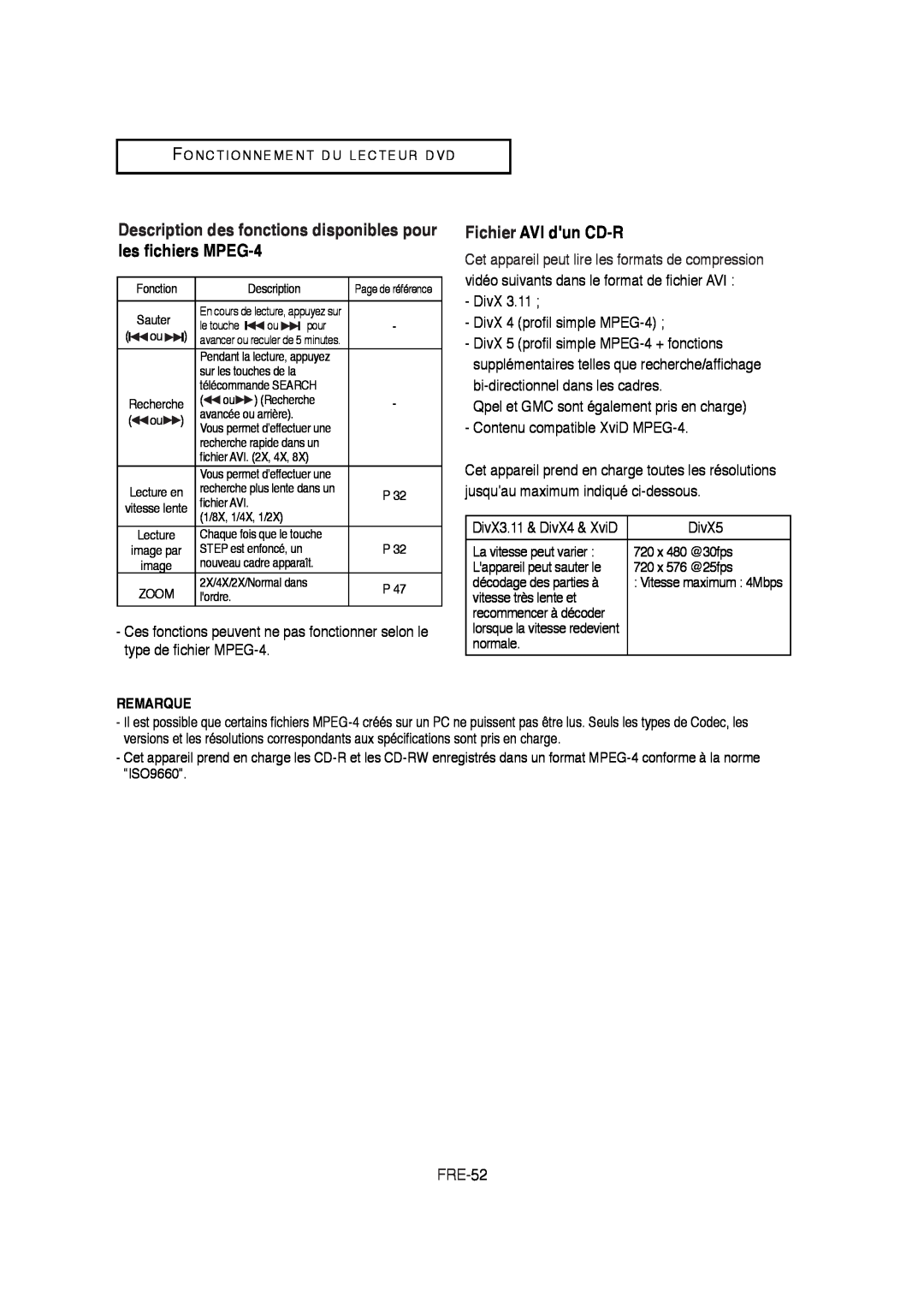 Samsung V6700-XAC Description des fonctions disponibles pour les fichiers MPEG-4, Fichier AVI dun CD-R, FRE-52, Remarque 