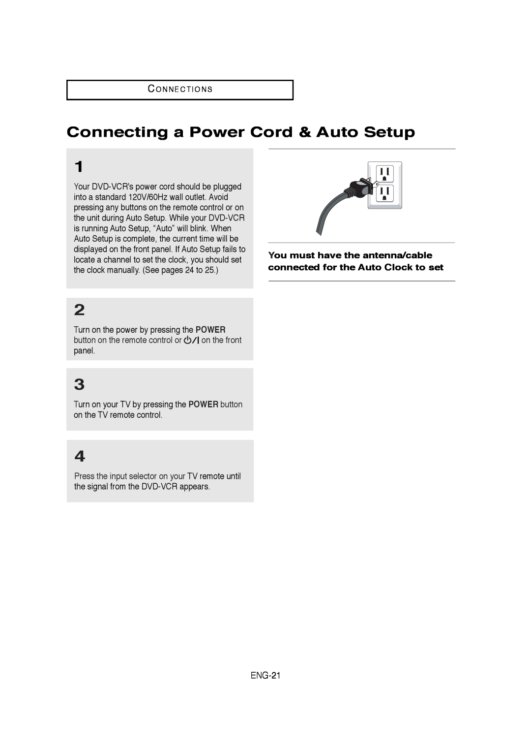 Samsung AK68-01304A, V6700-XAC, 20070205090323359 instruction manual Connecting a Power Cord & Auto Setup, ENG-21 