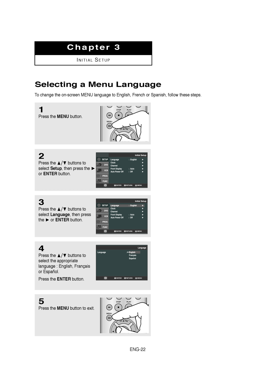Samsung V6700-XAC, AK68-01304A, 20070205090323359 instruction manual Selecting a Menu Language, Chapter, ENG-22 