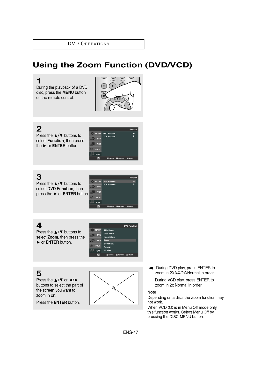 Samsung 20070205090323359, V6700-XAC, AK68-01304A instruction manual Using the Zoom Function DVD/VCD, ENG-47 