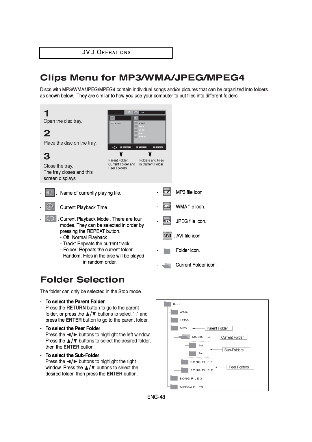 Samsung V6700-XAC, AK68-01304A Clips Menu for MP3/WMA/JPEG/MPEG4, Folder Selection, To select the Parent Folder 