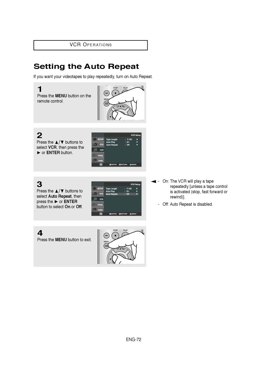Samsung V6700-XAC, AK68-01304A, 20070205090323359 instruction manual Setting the Auto Repeat, ENG-72 