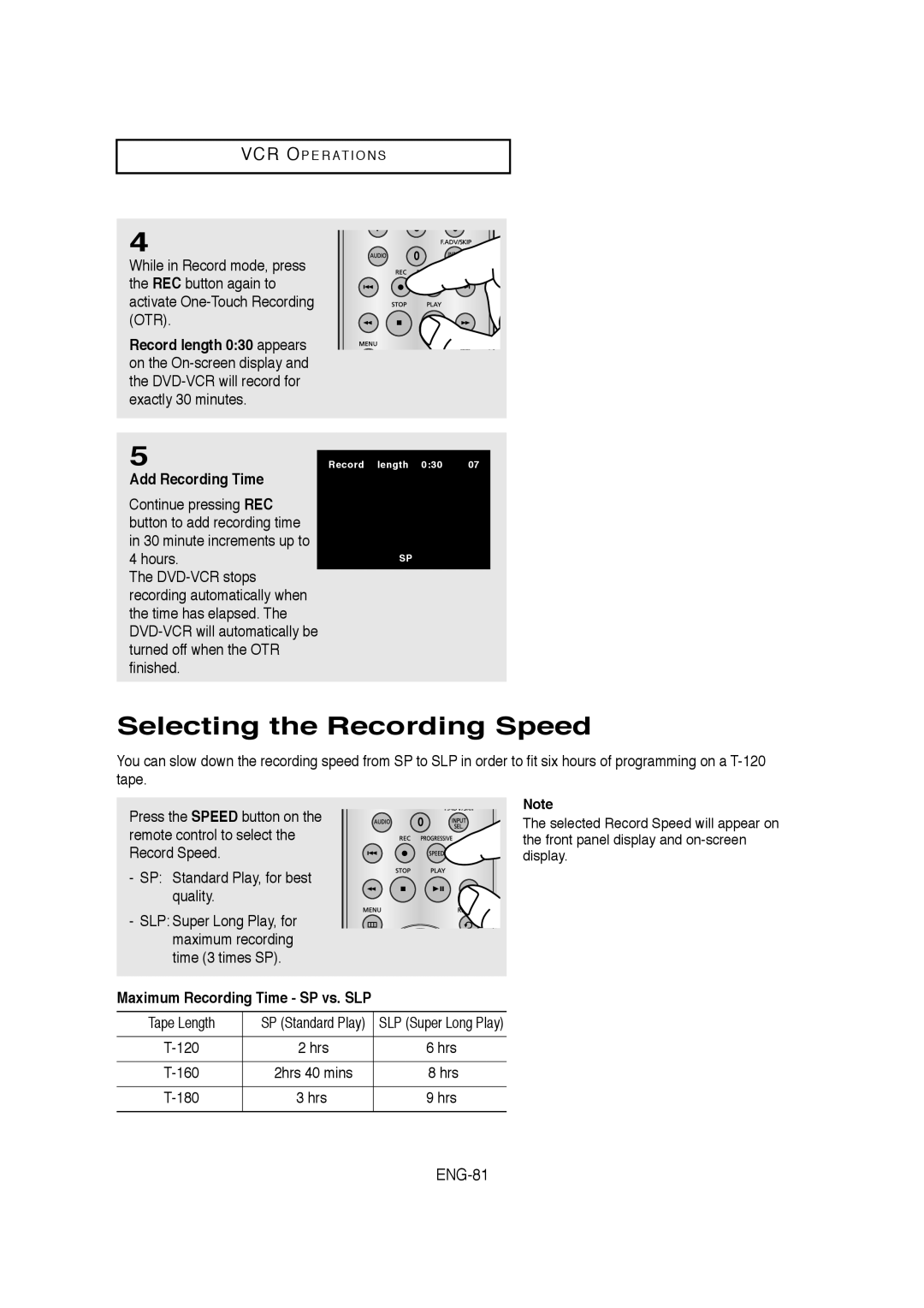 Samsung AK68-01304A Selecting the Recording Speed, ENG-81, Add Recording Time, Maximum Recording Time - SP vs. SLP 