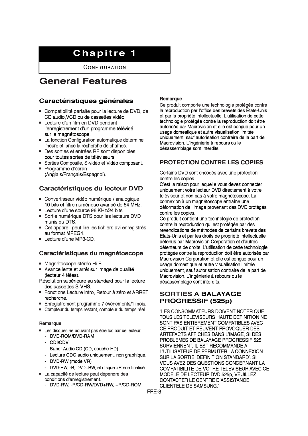 Samsung V6700-XAC Chapitre, Caractéristiques générales, Caractéristiques du lecteur DVD, Caractéristiques du magnétoscope 