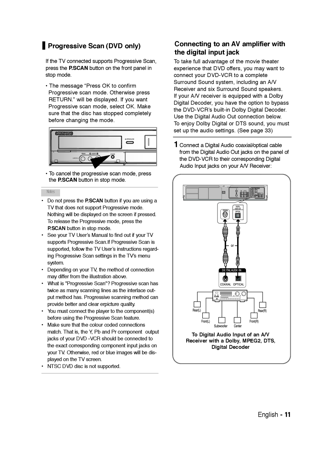 Samsung V6700 user manual Progressive Scan DVD only, Connecting to an AV amplifier with the digital input jack 