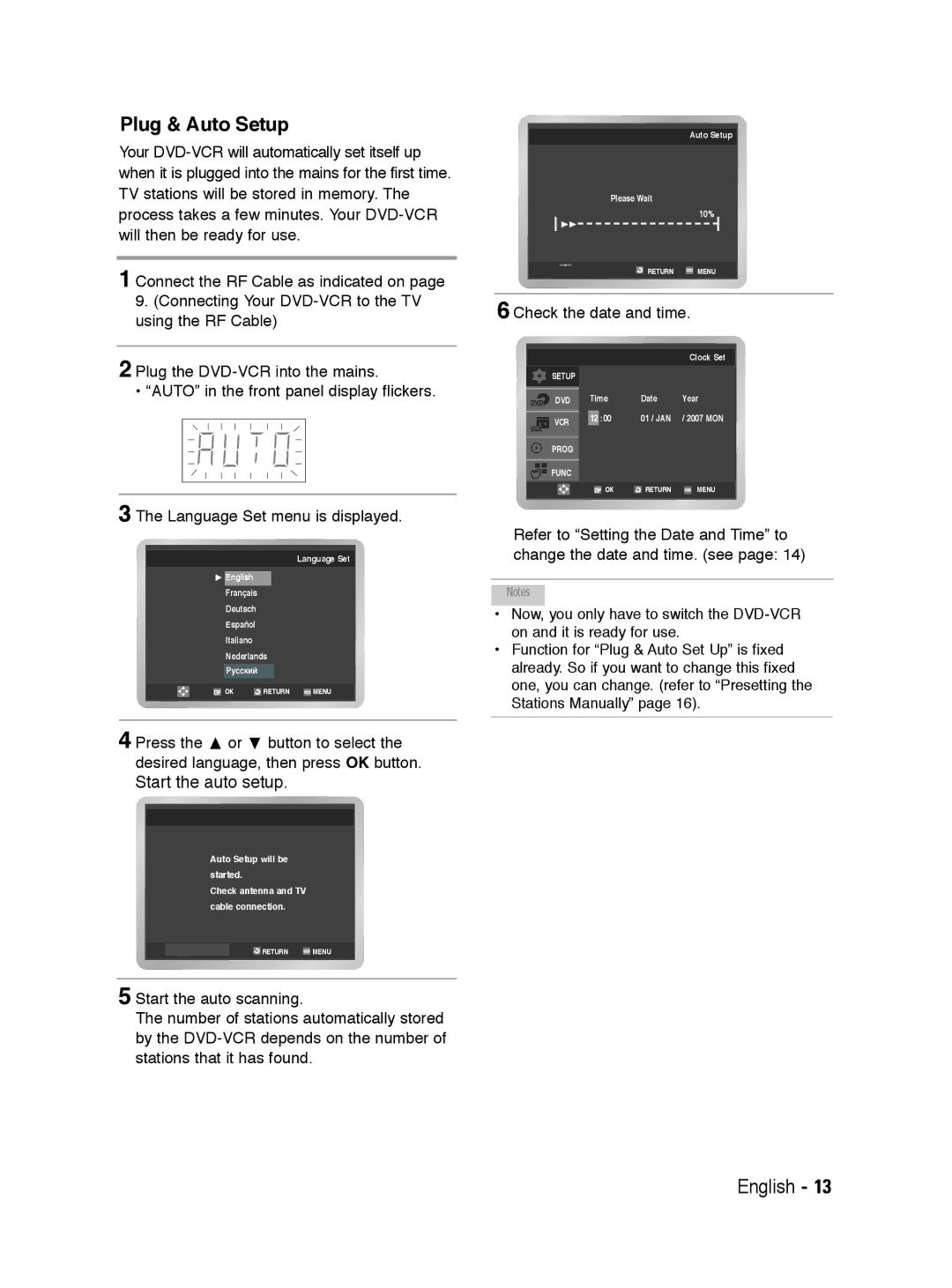 Samsung V6700 user manual Plug & Auto Setup, Check the date and time 