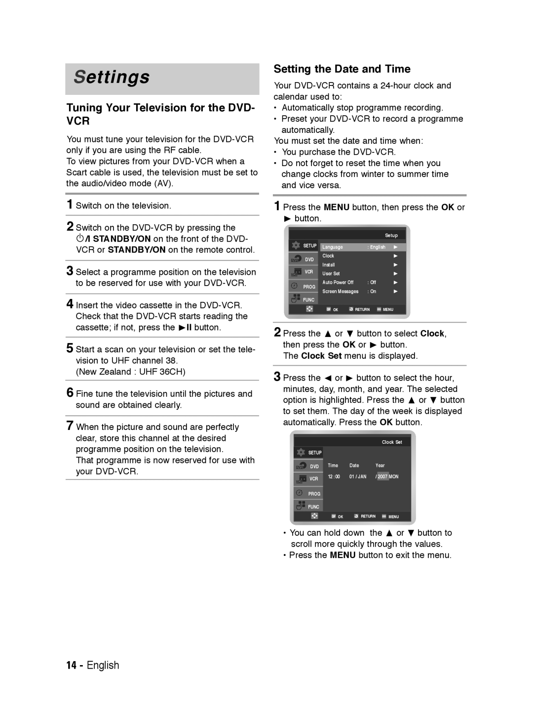 Samsung V6700 user manual Tuning Your Television for the DVD, Setting the Date and Time 